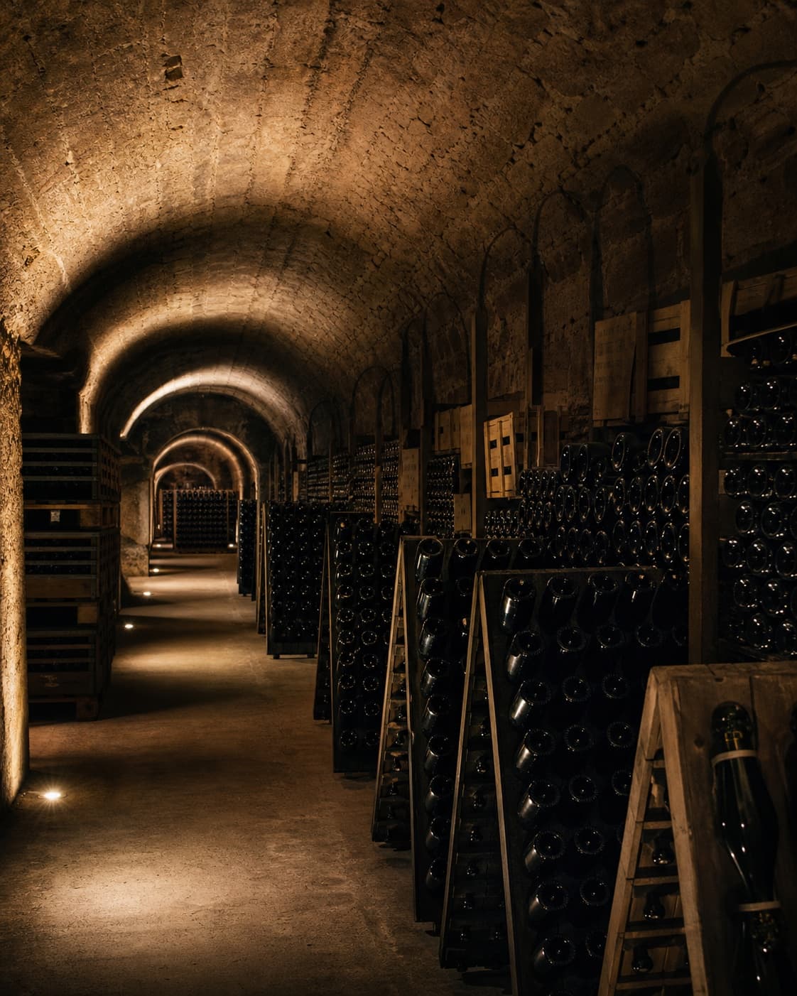 Champagne bottles resting in a Verzenay cellar